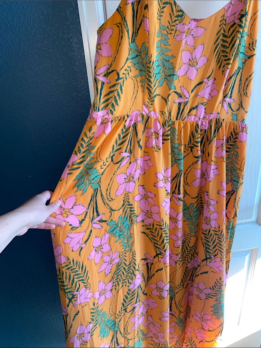 Gibson Latimer Orange Dress with Pink Floral & Green Leaf Print - Picture 3 of 5